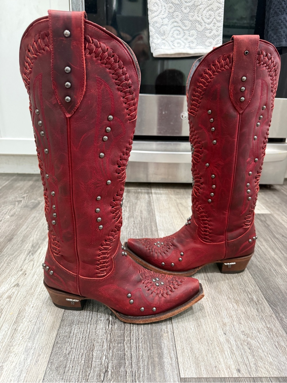 Red Western Studded Leather Knee-High Boots - Women